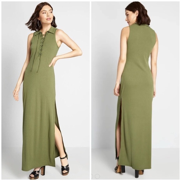 MODCLOTH Casual Sensations Green Lace Up Front Maxi Dress size L